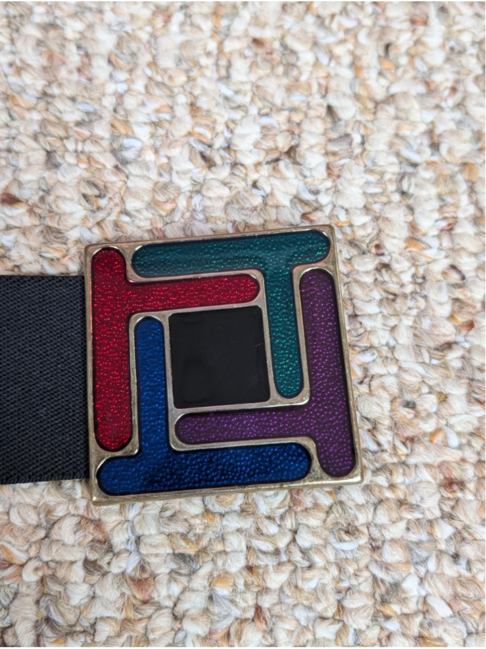Vintage 1980s Stretch Belt Colorful Enamel Buckle Black Elastic Cinch Waist Belt
